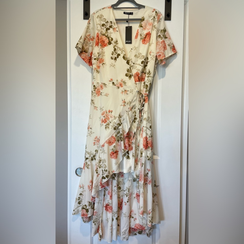 Floral wrap dress with high low ruffle hem